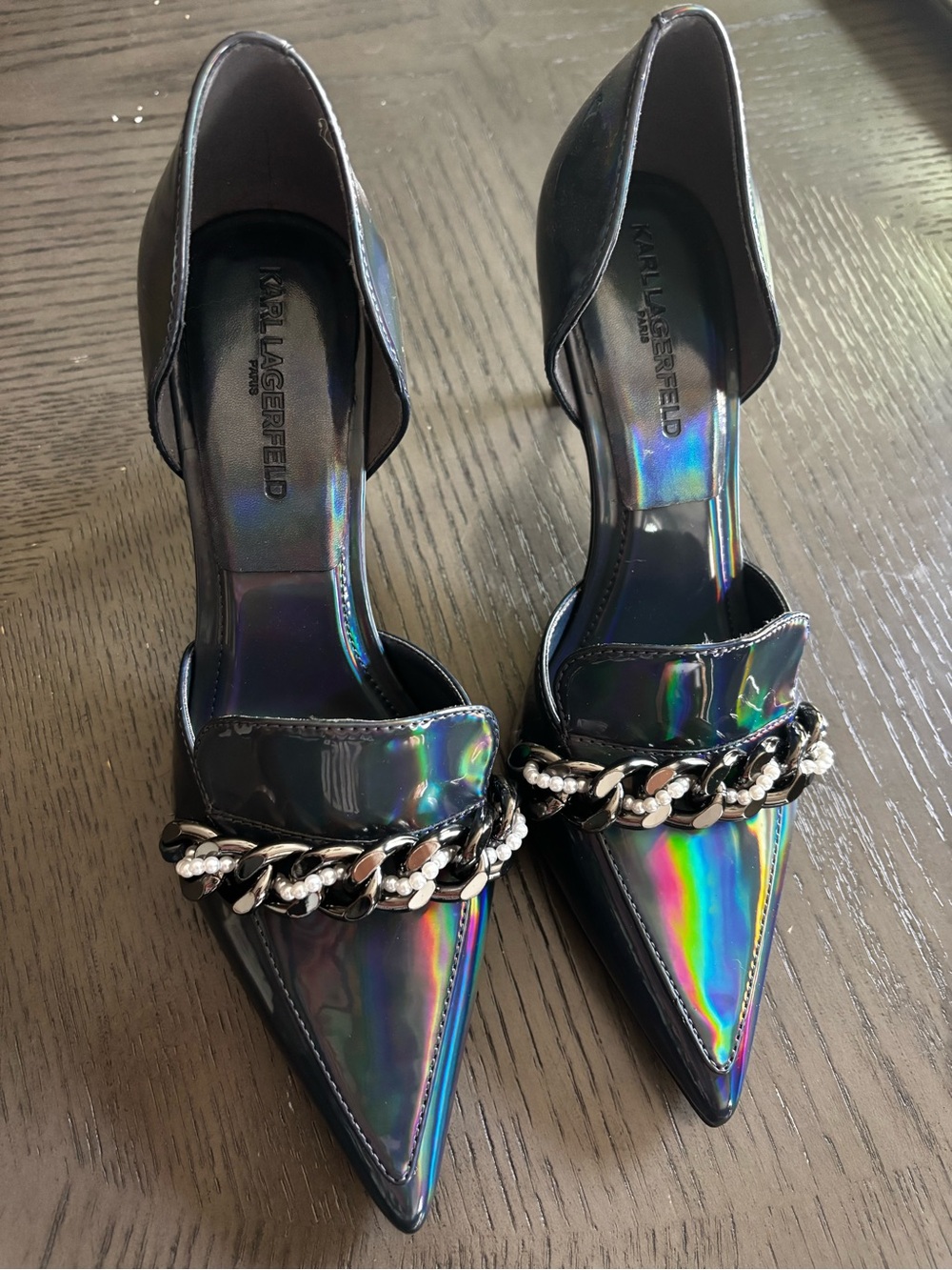 Karl Lagerfeld Iridescent Pointed Toe Chain-Embellished Heels - Black Iridescent